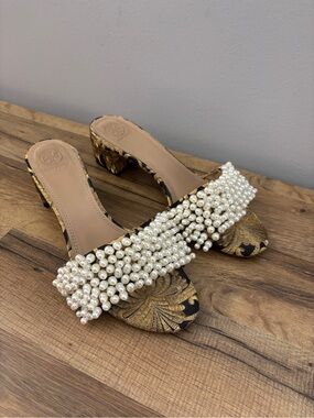 Tory Burch Tatiana Beaded Brocade Pearl Slide Sandals Black Gold
